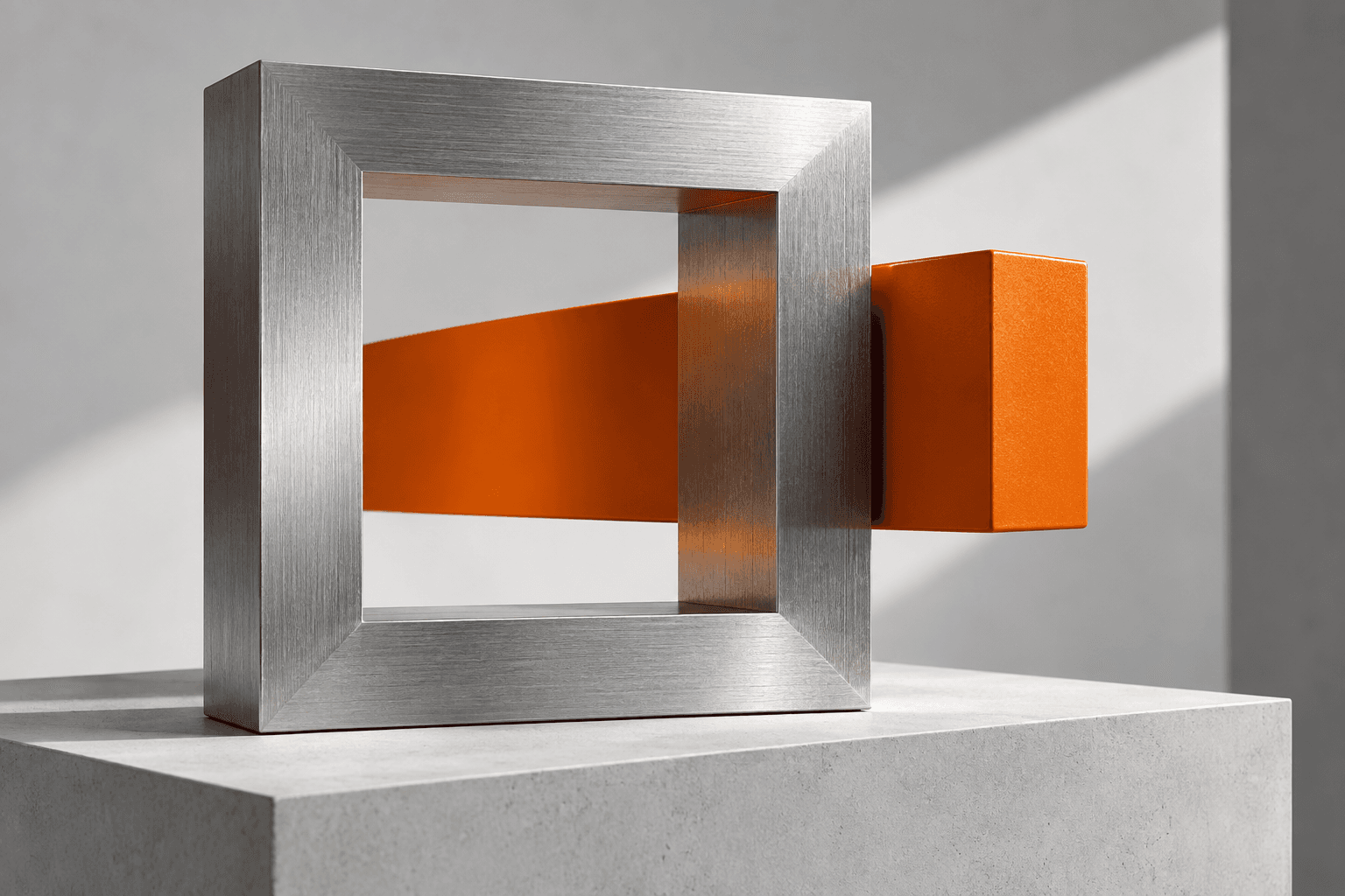 A brushed silver frame with a vivid orange slab passing through its center